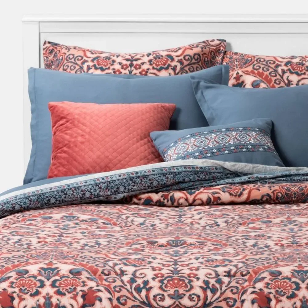 Threshold Coral and Blue Patterned Comforter Set